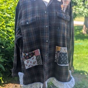 Plaid Button Down Shirt with Lace Trim